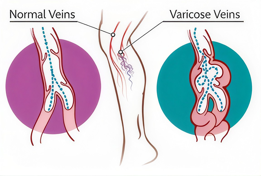 Normal veins and varicose veins